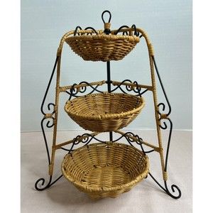 Princess House Three-Tier Wicker Basket Stand - Brown and Black